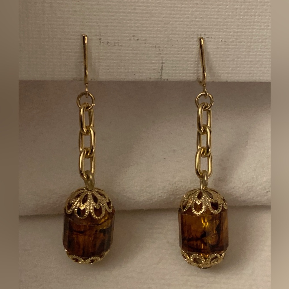 NOS Vtg 1972 GOLDEN LANTERNS Sarah Coventry Topaz/Goldtone Dangle CLIP Earrings
